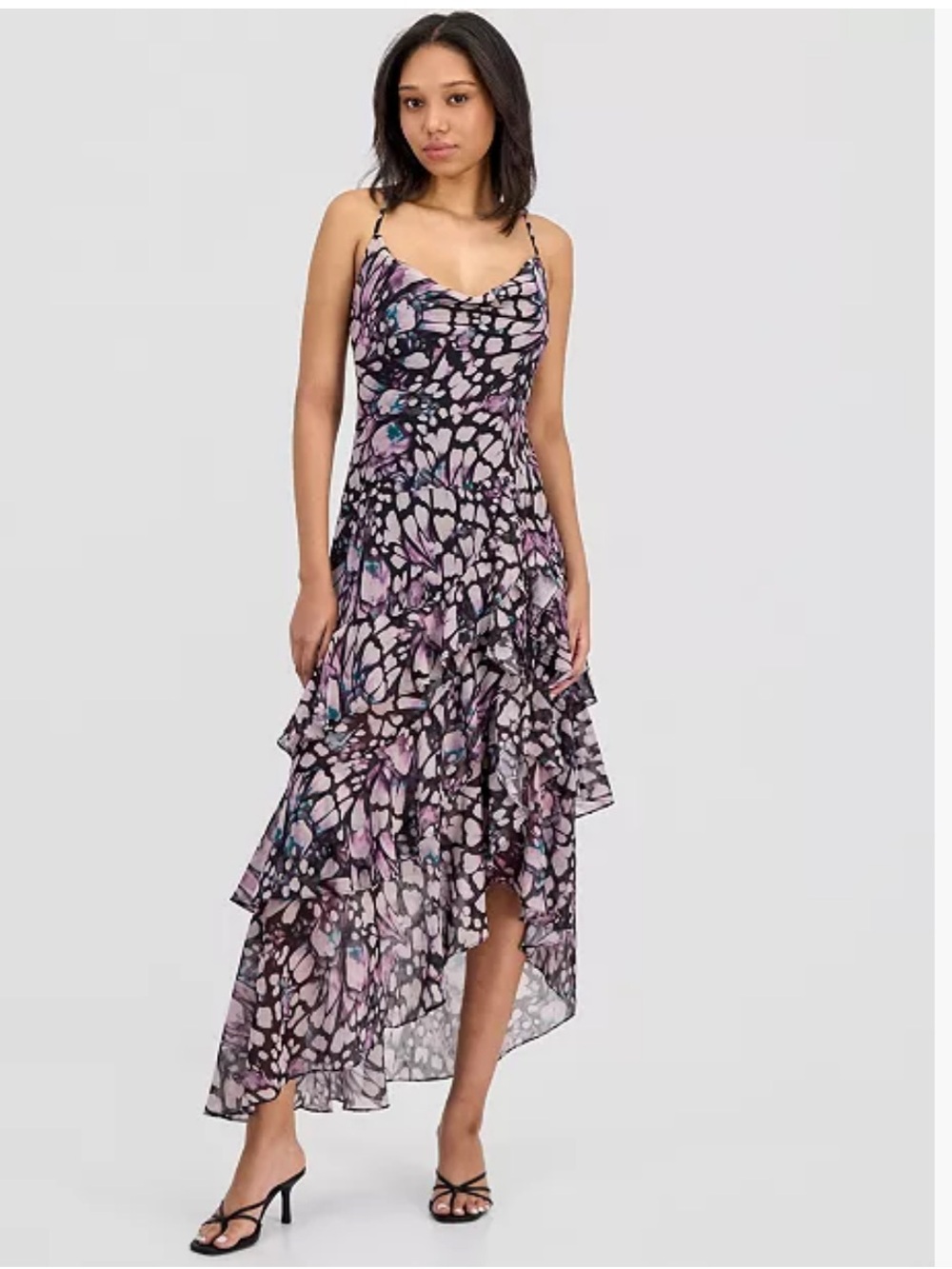Spaghetti-Strap High-Low Dress in Pink and Black Floral Print